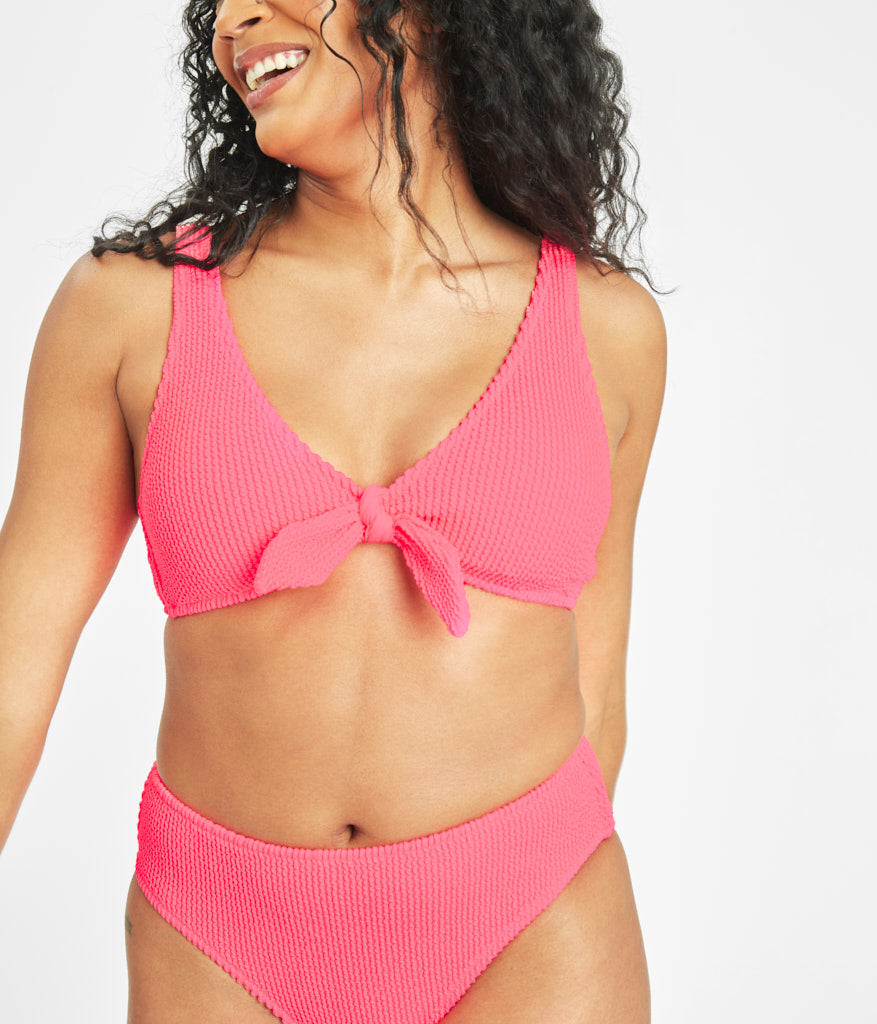The Ruched Plunge Bralette & High Waist Swim Bundle: Electric Pink